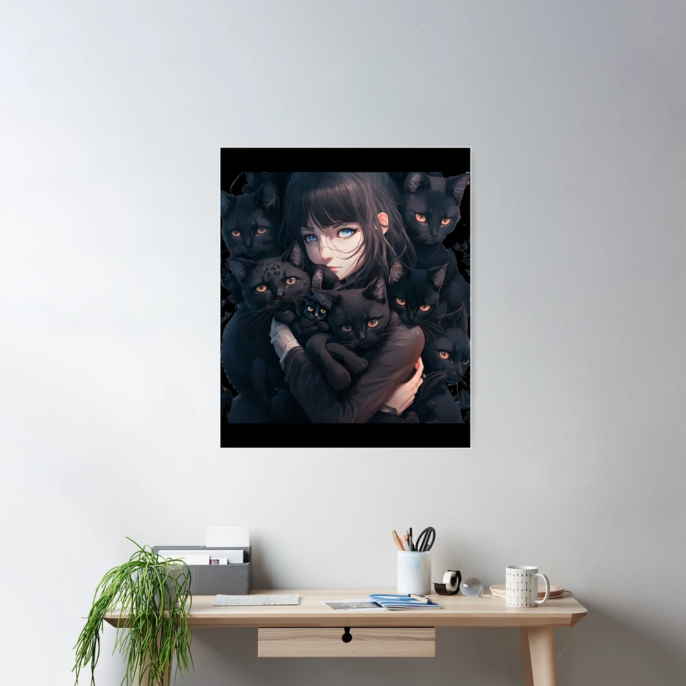 Anime Girl Hugging Many Black Cats - KAWAII Poster for Sale by winnie33