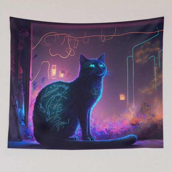 Aperçu de l'œuvre Chat aux yeux bleus brillants dans une pièce colorée, style Cyberpunk, art néon créée et vendue par ShneorPerry.