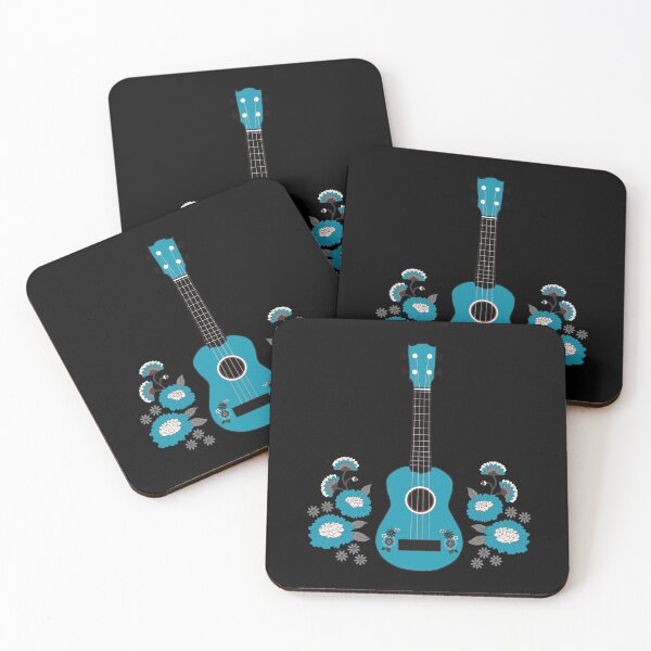 Item preview, Ukulele with flowers in turquoise - black background designed and sold by piesdesignart.