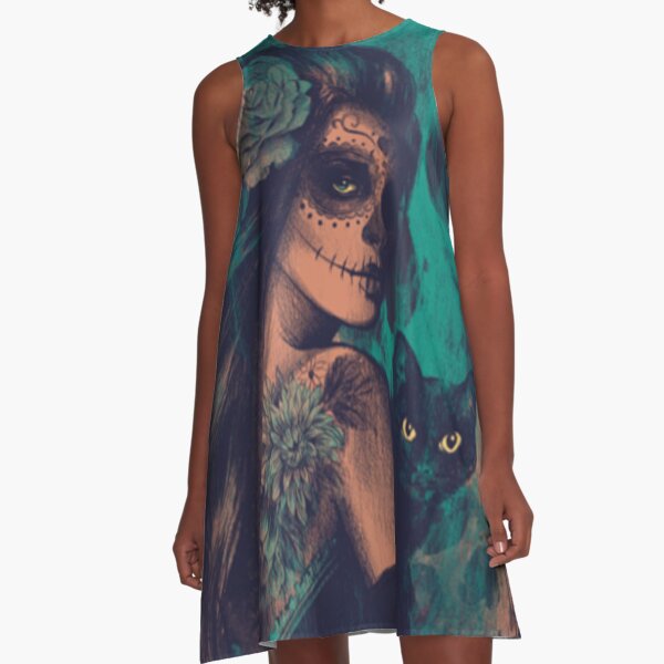La Calavera Catrina Mexican cuisine Day of the Dead Skull A-Line Dress