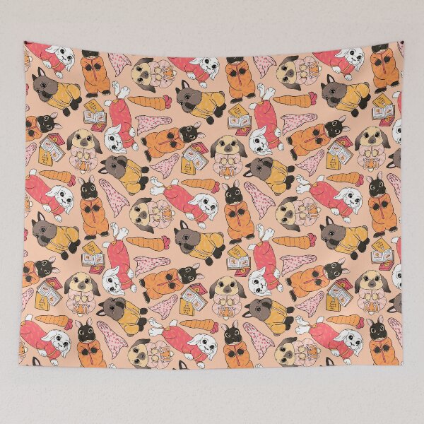 Item preview, Bunnies in Pajamas Pattern - Sweet snuggly rabbits wearing pjs - Retro Sunset & Apricot - baby bunny, nursery art, designed and sold by EcoElsa.