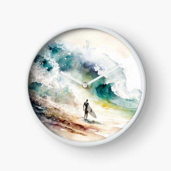 Watercolor Surfing Big Wave Clock