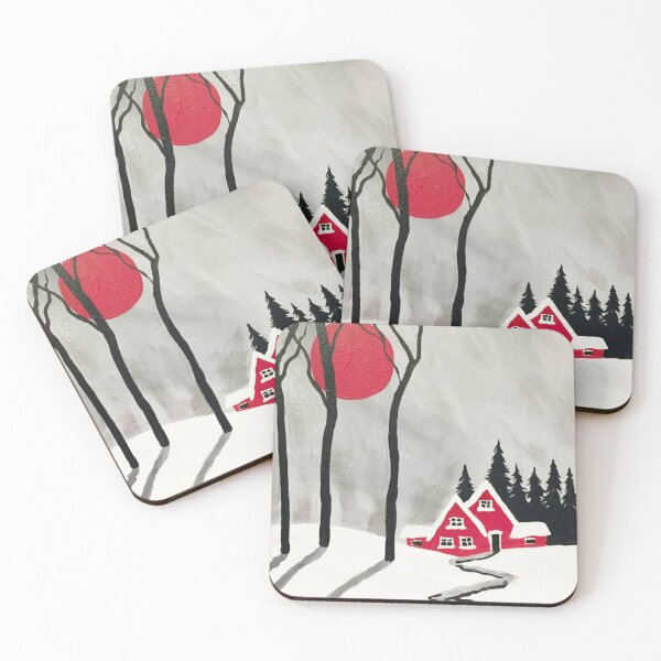 Item preview, id38 Mountain houses with  winter  farmhouses, long roads,  red colored village and hotel houses, a red sun and moon, dried-up  trees, pine trees, a cold but pleasantly warm winter landscape designed and sold by bcbutika.