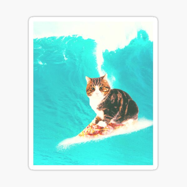 Kitty Cat Surfing Pizza Sticker