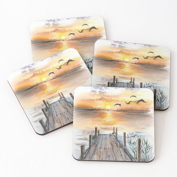 Item preview, id41 Beachside, incredible sunset at the pier, flying birds, a wonderful nature view, magnificent coast and sunset view drawn with watercolors, sun, birds, sunset, pier, a hot summer day designed and sold by bcbutika.