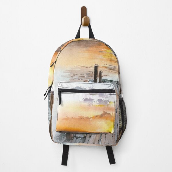 Item preview, id41 Beachside, incredible sunset at the pier, flying birds, a wonderful nature view, magnificent coast and sunset view drawn with watercolors, sun, birds, sunset, pier, a hot summer day designed and sold by bcbutika.