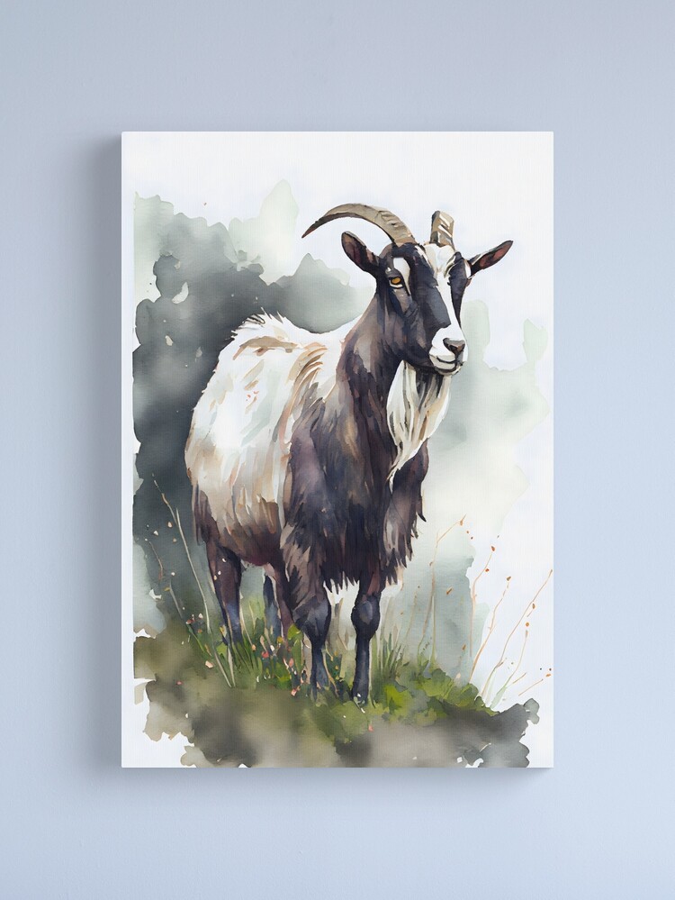 Watercolor Brown and White Goat in a Pasture | Photographic Print