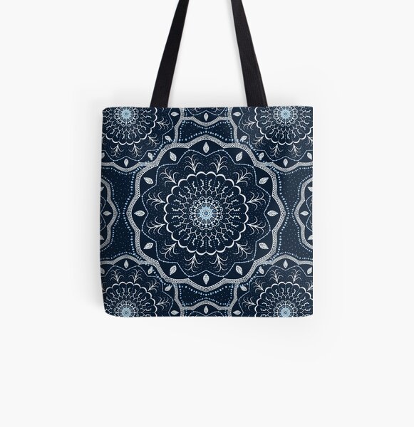 Black White Blue Mandala All Over Print Tote Bag