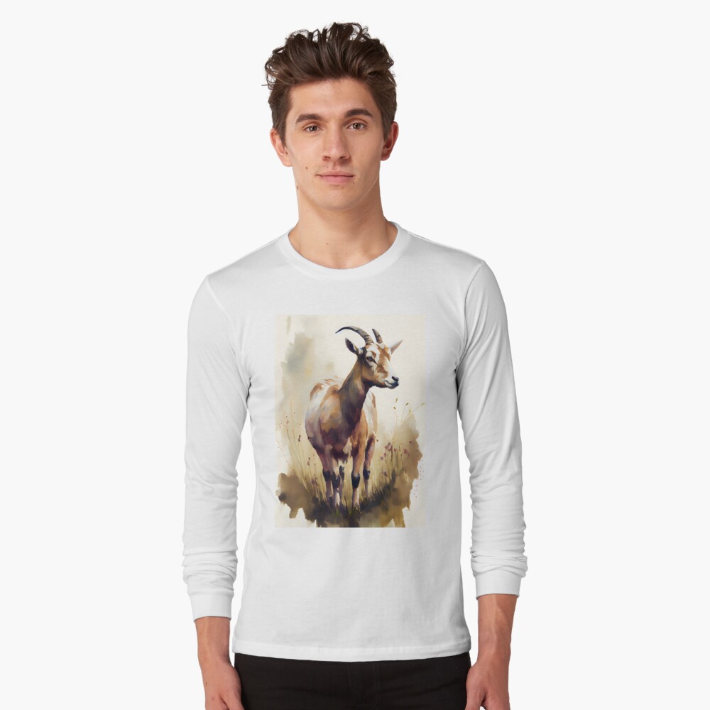 Watercolor Brown and White Goat in a Pasture | Photographic Print