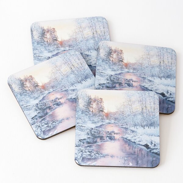Item preview, id45 Cold but wonderful winter landscape, clean river, snow, forest, snowy forest, icy river, oil painting work, watercolor work, sunset designed and sold by bcbutika.