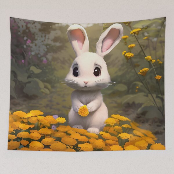 Artikelvorschau, Niedlicher weißer Hase in Ringelblumen entworfen und verkauft von Aww_To_Z Animals.