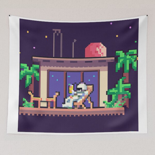 Item preview, an astronaut lounging in a tropical resort in space, pixel art designed and sold by peterdawood.