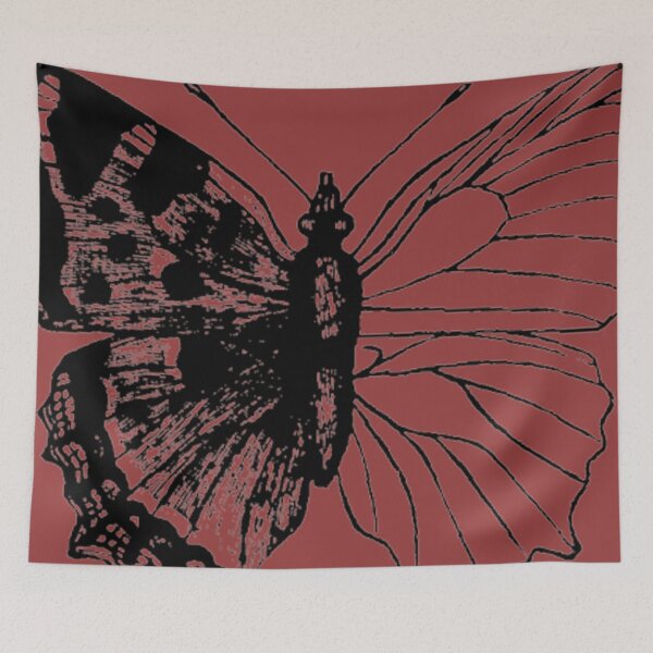 Artikelvorschau, Abstrakter roter und schwarzer Schmetterling Umrisszeichnung Vintage Skizze deutsche Illustration asymmetrisch entworfen und verkauft von kattakitty.