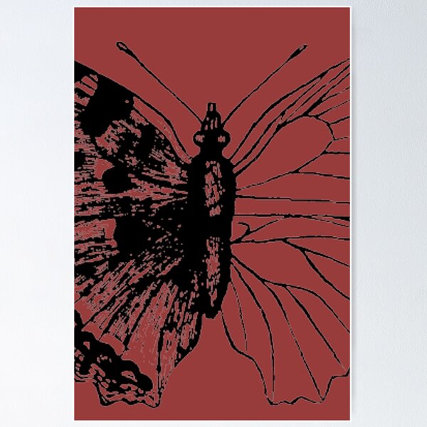 Artikelvorschau, Abstrakter roter und schwarzer Schmetterling Umrisszeichnung Vintage Skizze deutsche Illustration asymmetrisch entworfen und verkauft von kattakitty.