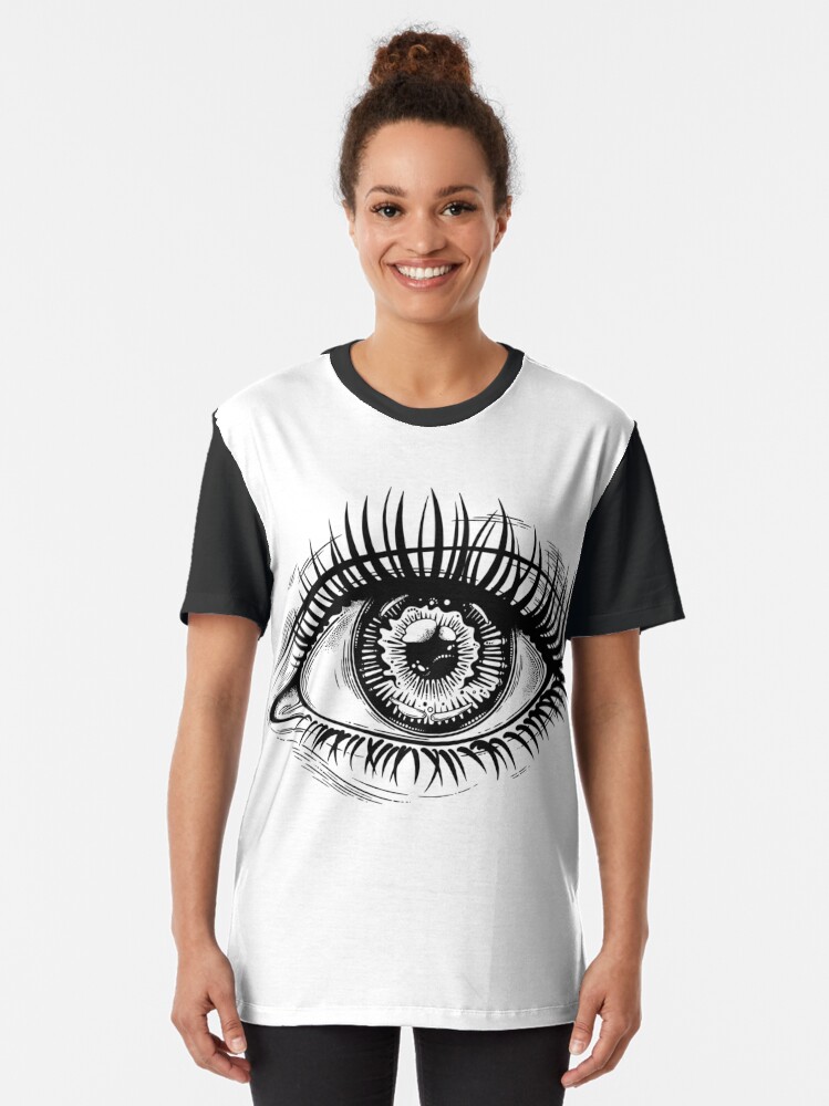 Alternate view of Beautiful realistic eye with highly detailed pupil, iris and long dramatic eyelashes. Graphic T-Shirt