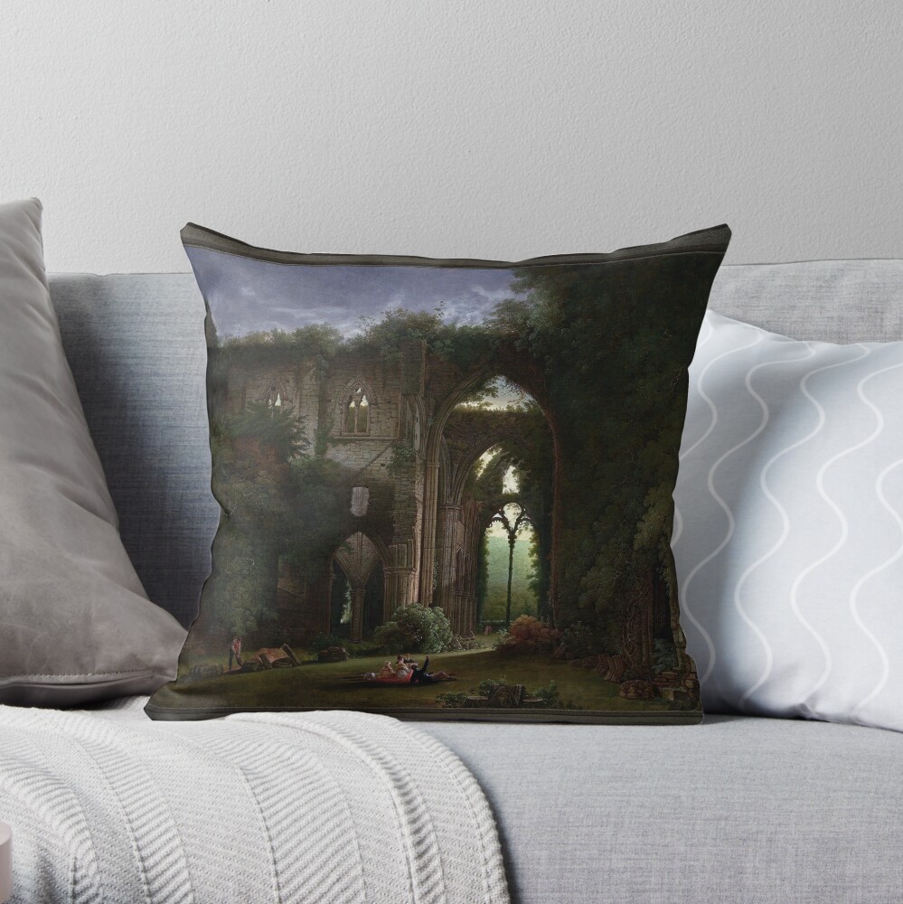 Sketching the Ruins of Tintern Abbey by Samuel Colman - Dazzling Landscape 3 Sketching the Ruins of Tintern Abbey by Samuel Colman Remastered Xzendor7 Old Masters Reproductions Throw Pillow