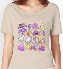 Little Girl Princess Badges, Patches, Stickers with Toys, Unicorn and Clothes. Women's Relaxed Fit T-Shirt