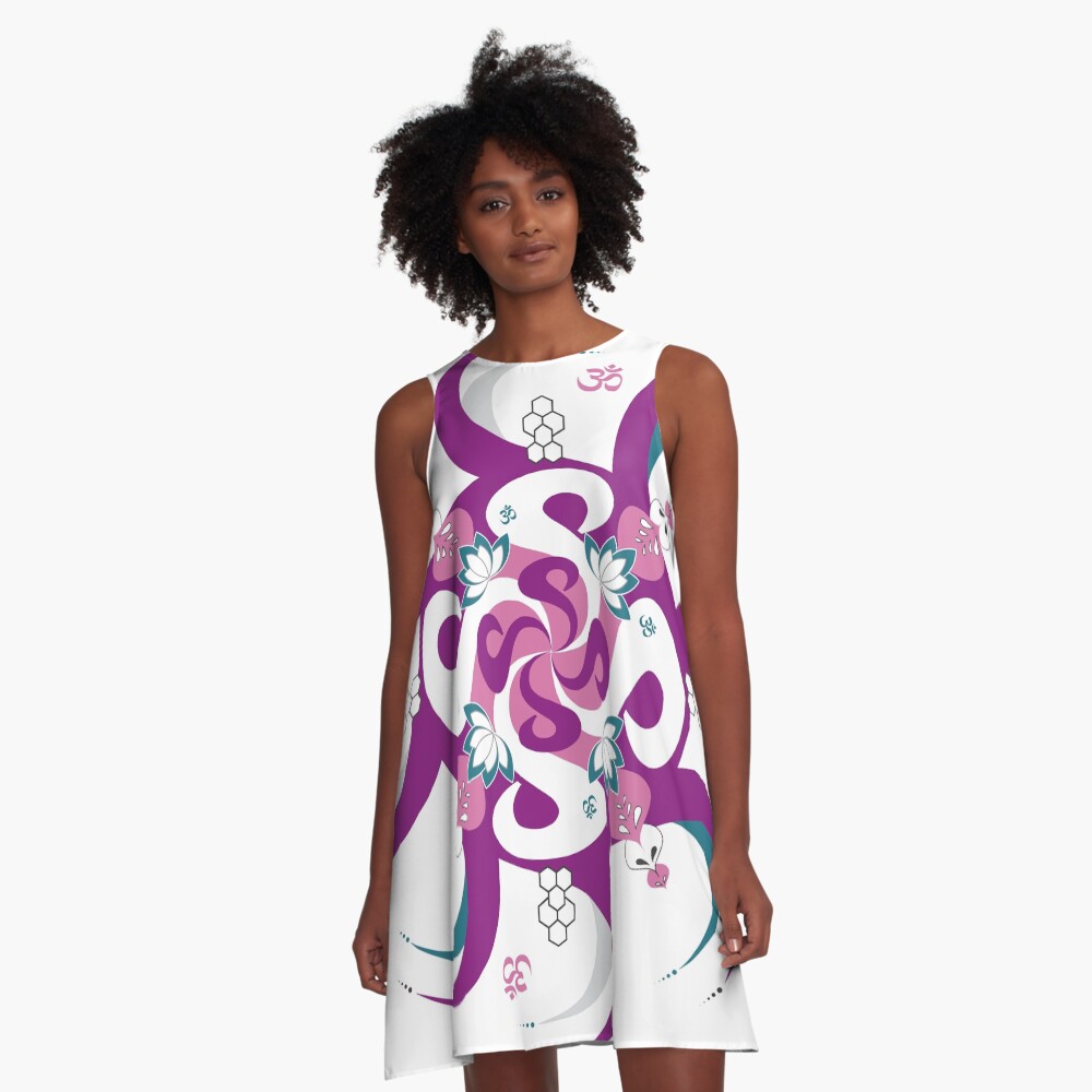 Shee Mandala Spiral with Om and Lotus Symbol A-Line Dress