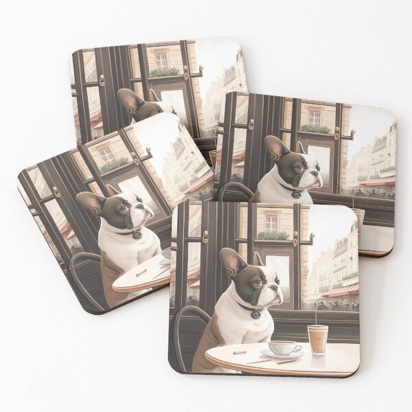 Item preview, French Bull Dog in a French Bistro Coffee Illustration designed and sold by unrealartwork.