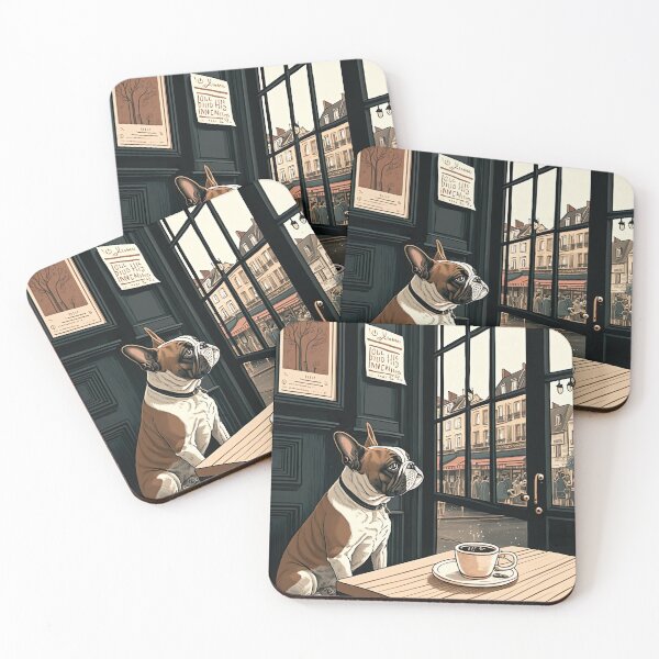Item preview, Beautiful French Bull Dog in a French Bistro Coffee Illustration designed and sold by unrealartwork.