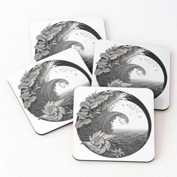 Item preview, Black and White Hawaiian Wave of Flowers | Vintage Polynesia | Tropical Flower Pattern | Polynesian Design | Hawaiian Design | Hawaii Logo designed and sold by Synthetic-Intel.