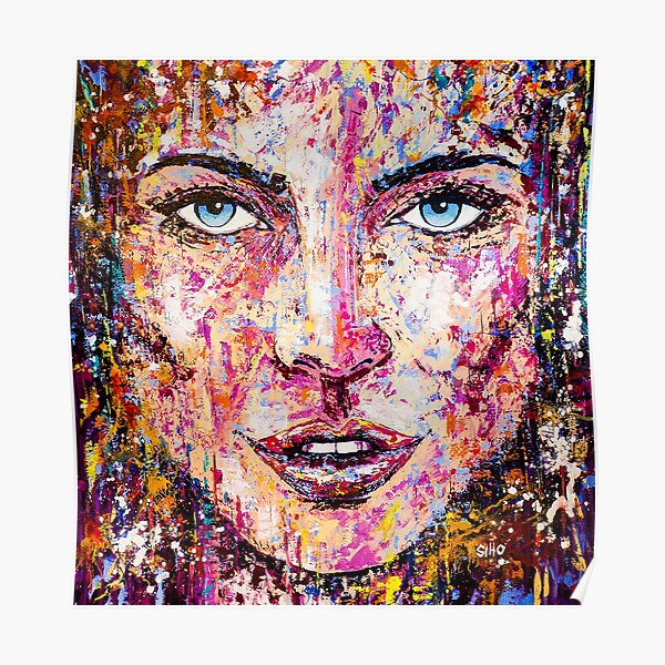 Portrait Art abstrait Peinture acrylique Yeux bleus Poster