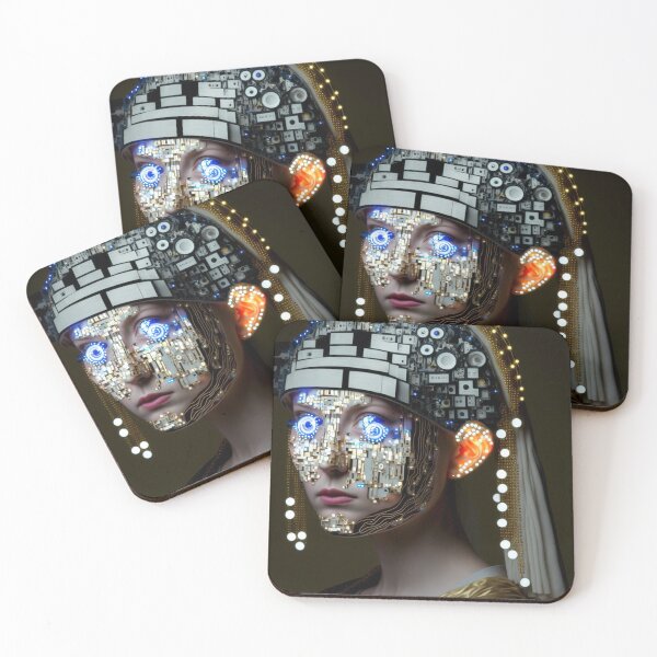 Item preview, A self-repairing robot girl with lamps earrings portrait designed and sold by osssoconcept.