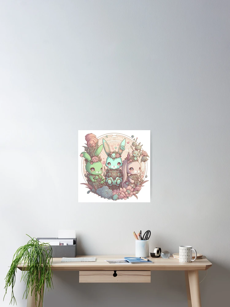 Thumbnail 2 of 3, Poster, Cute Pastel Rabbits Pattern | Circle Rabbits and Flowers | Rainbow Rabbits | Easter Rabbits | Rabbit Gang | high resolution  designed and sold by Synthetic-Intel.