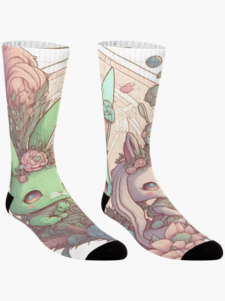 Thumbnail 3 of 5, Socks, Cute Pastel Rabbits Pattern | Circle Rabbits and Flowers | Rainbow Rabbits | Easter Rabbits | Rabbit Gang | high resolution designed and sold by Synthetic-Intel.