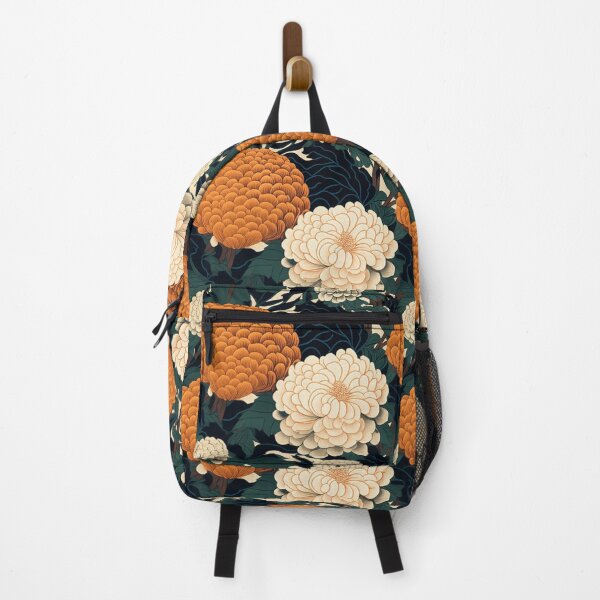 Item preview, Beige and orange beautiful flowering chrysanthemums with stems and leaves an ukiyo-e style woodblock print designed and sold by ArtifactVault.