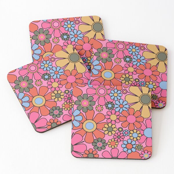 Item preview, Retro Garden Flowers 60s 70s Floral Pattern 2 Bright Pink Orange Mustard Blue designed and sold by kierkegaard.