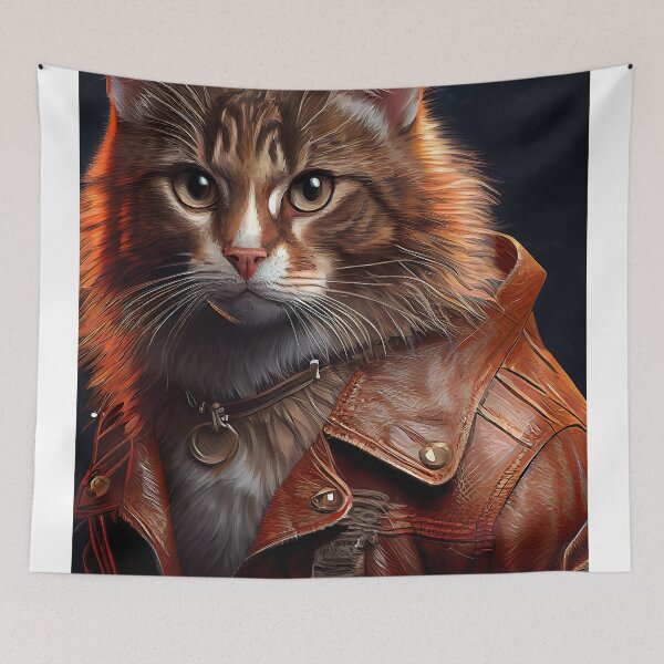 Item preview, American Bobtail cat wears a leather jacket Cat Breed Portrait designed and sold by Nalaxation.
