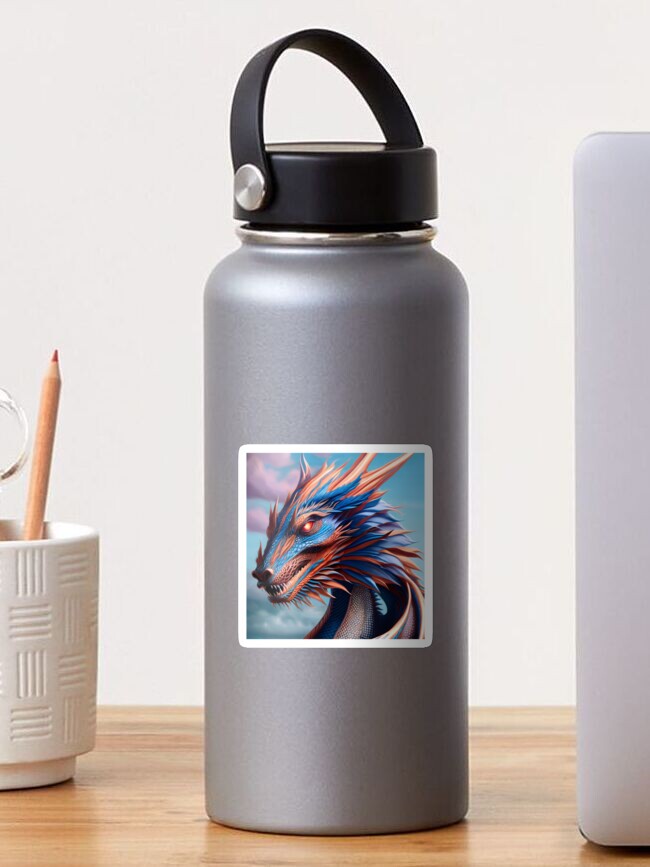 Thumbnail 1 of 3, Sticker, Intricate Blue and Pink Scaled Dragon at Sunrise designed and sold by dragynrain.