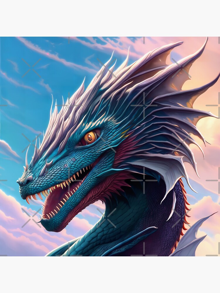 Thumbnail 3 of 3, Sticker, Intricate Blue and White Scaled Dragon at Sunrise designed and sold by dragynrain.
