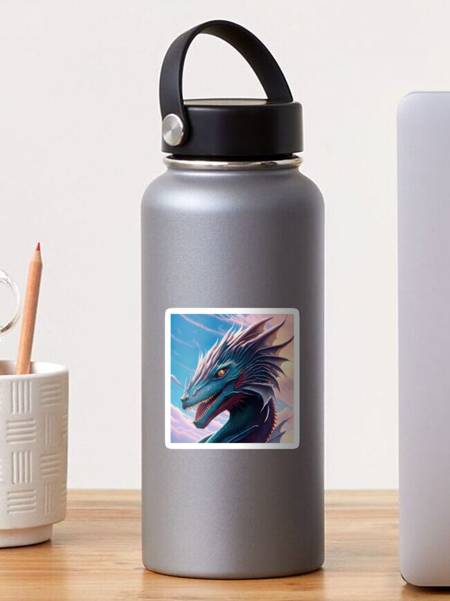 Thumbnail 1 of 3, Sticker, Intricate Blue and White Scaled Dragon at Sunrise designed and sold by dragynrain.
