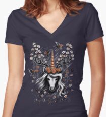 Deer Unicorn Flowers Women's Fitted V-Neck T-Shirt