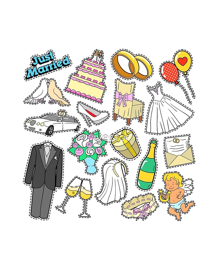 Wedding Just Married Doodle for Scrapbook, Stickers, Patches