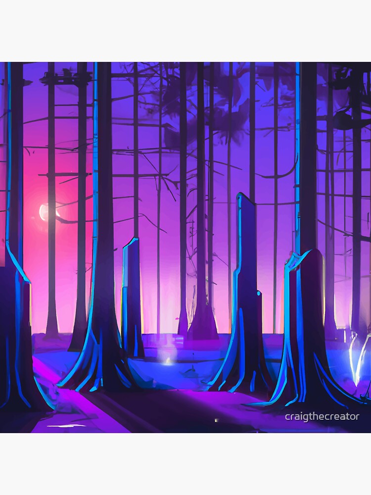 Thumbnail 3 of 3, Sticker, Vaporwave Forest Sunset- Wooded Nature Synthwave designed and sold by craigthecreator.