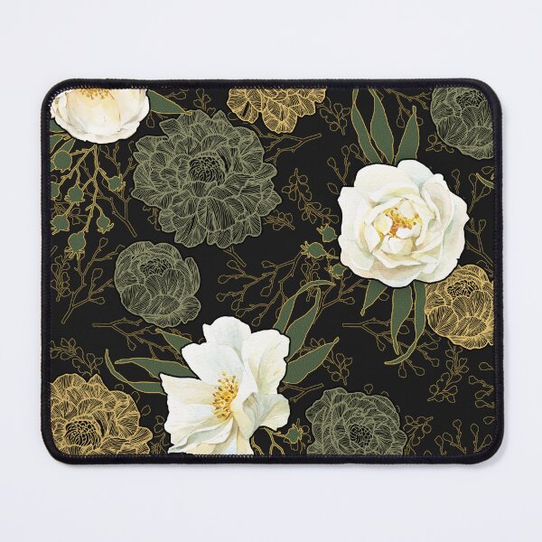 Item preview, Watercolor and line art floral pattern Wild White Rose, green and gold on black designed and sold by MadfishDesigns.