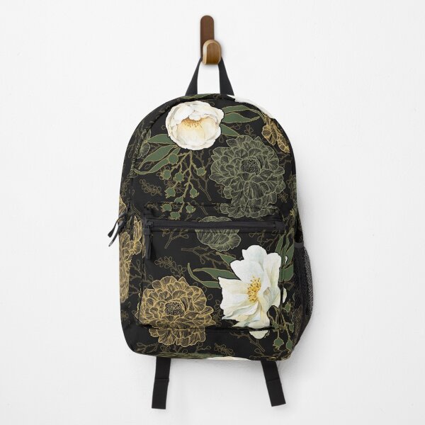 Item preview, Watercolor and line art floral pattern Wild White Rose, green and gold on black designed and sold by MadfishDesigns.