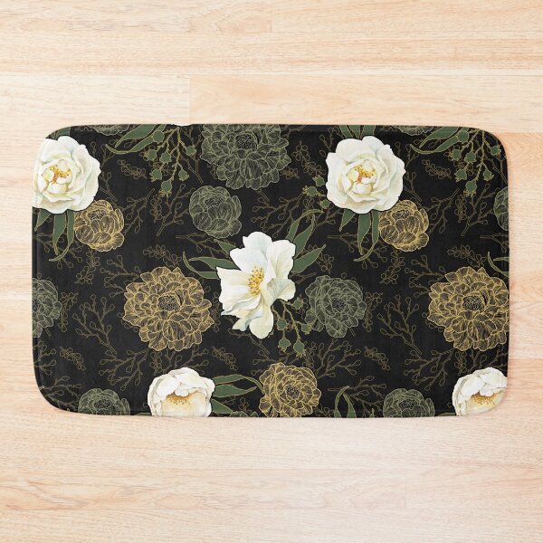 Item preview, Watercolor and line art floral pattern Wild White Rose, green and gold on black designed and sold by MadfishDesigns.