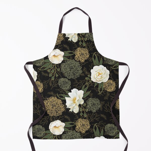 Item preview, Watercolor and line art floral pattern Wild White Rose, green and gold on black designed and sold by MadfishDesigns.