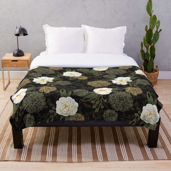 Item preview, Watercolor and line art floral pattern Wild White Rose, green and gold on black designed and sold by MadfishDesigns.