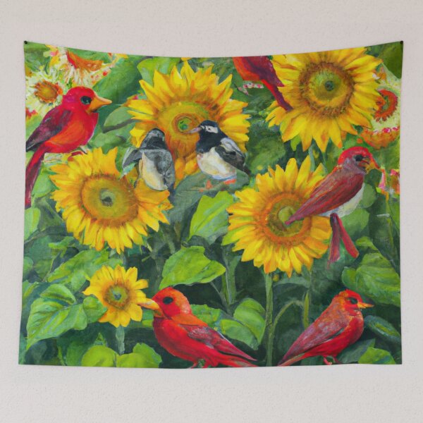 Item preview, Sunflowers Cardinal Birds Watercolor Painting | A beautiful Oil Painting designed and sold by Color-Me-Blue.