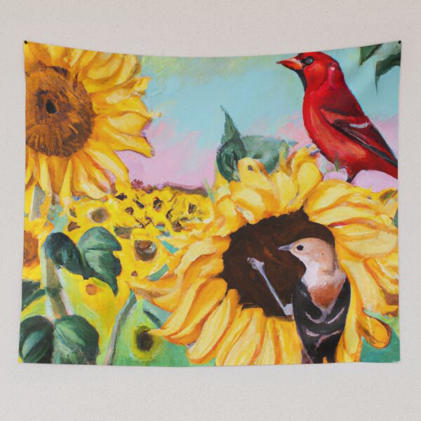 Item preview, Sunflowers Cardinal Birds Watercolor Painting | A beautiful Oil Painting designed and sold by Color-Me-Blue.