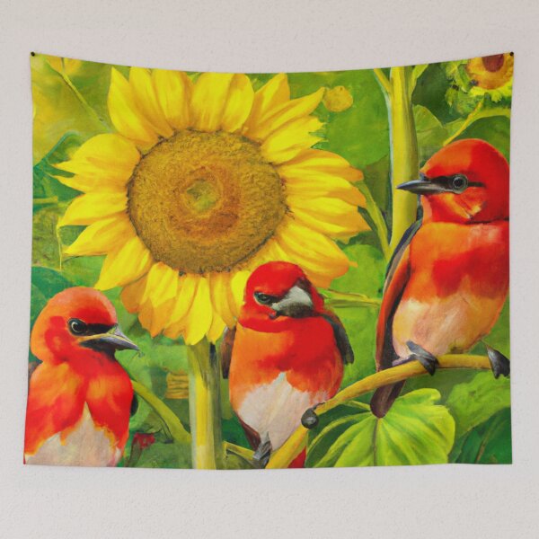 Item preview, Sunflowers Cardinal Birds Watercolor Painting | A beautiful Oil Painting designed and sold by Color-Me-Blue.
