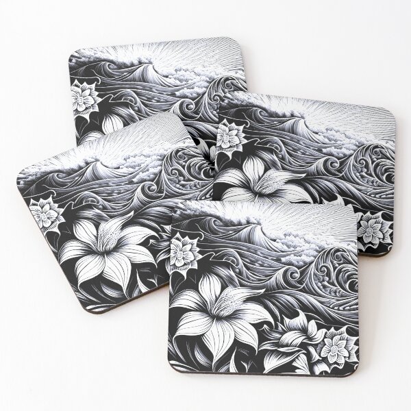 Item preview, Black and White Polynesian Wave of Flowers | Vintage Tahiti | Tropical Flower Pattern | Hawaiian Design | Hawaiian Design | Hawaii Logo designed and sold by Synthetic-Intel.