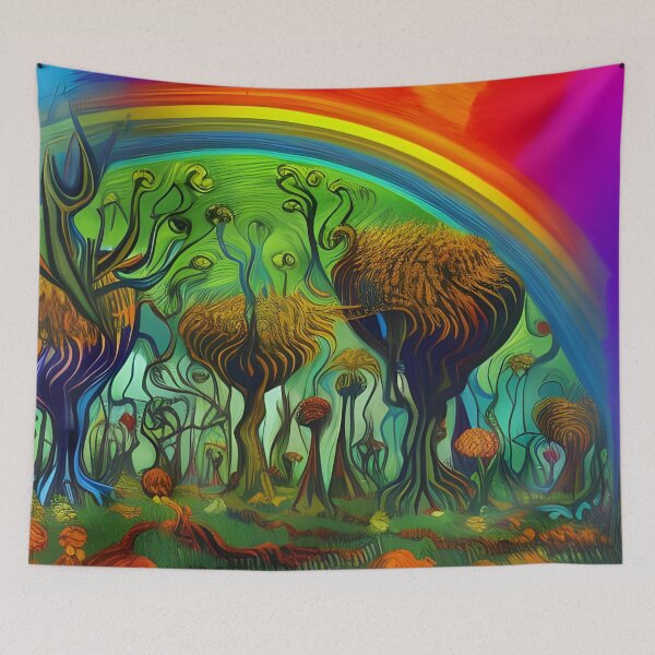 Item preview, Rainbow Above Surreal Primeval Jungle Acrylic Painting Multi Color designed and sold by theWeppen.