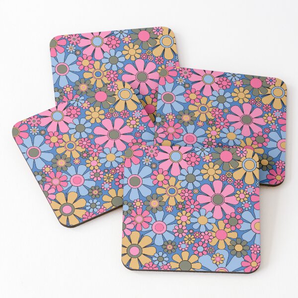 Item preview, Retro Garden Flowers Groovy 60s 70s Floral Pattern 2 Blue Pink Green Yellow designed and sold by kierkegaard.