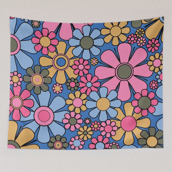 Item preview, Retro Garden Flowers Groovy 60s 70s Floral Pattern 2 Blue Pink Green Yellow designed and sold by kierkegaard.